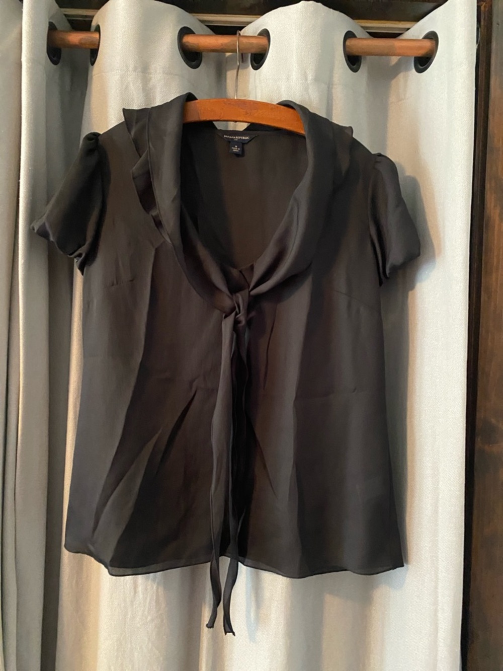LOFT Sheer Black Tie-Neck Short Sleeve Blouse, Women’s Size Medium
